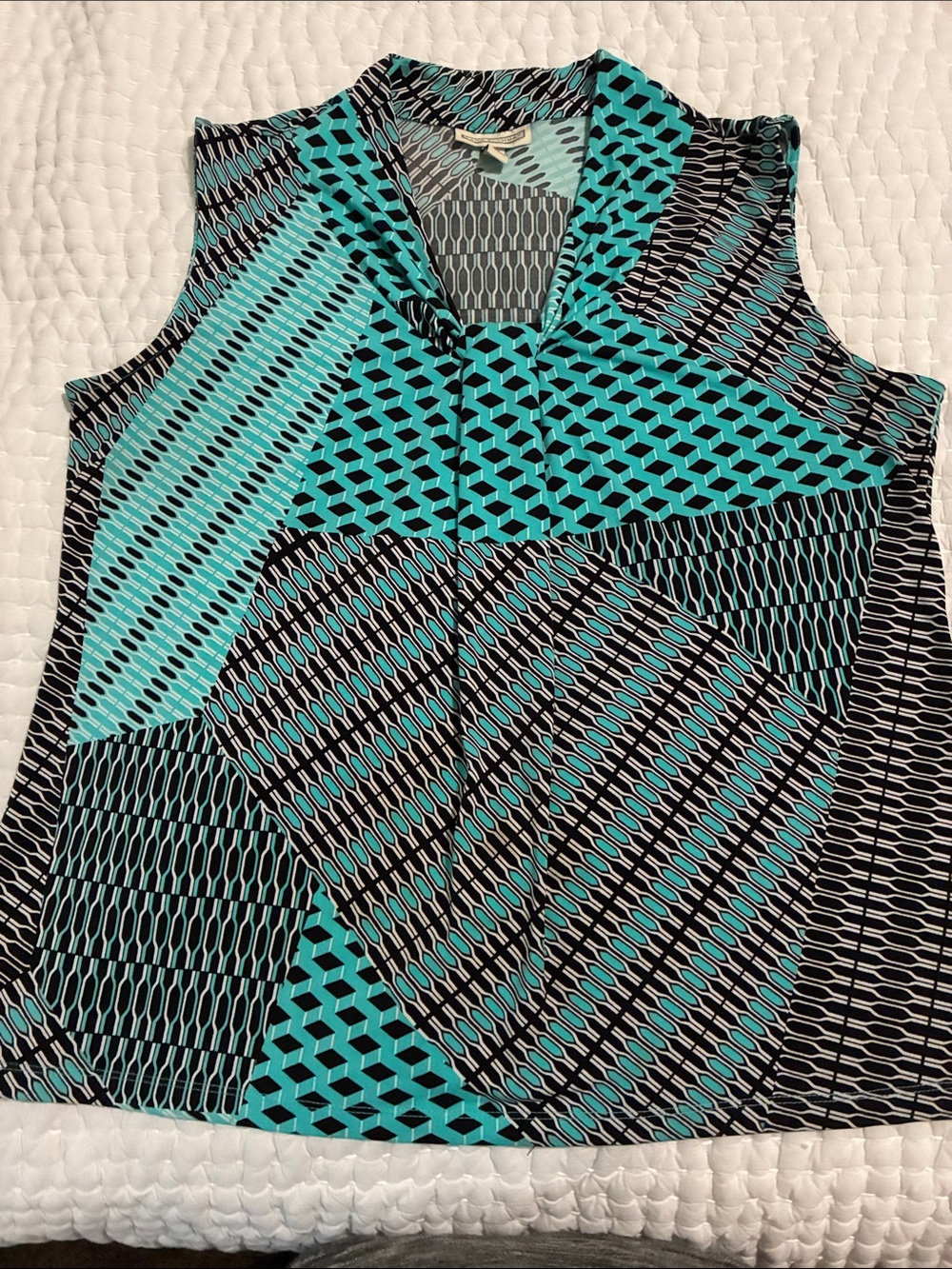 Dana Buchman Sleeveless Geometric Print Blouse in Teal and Black size XL